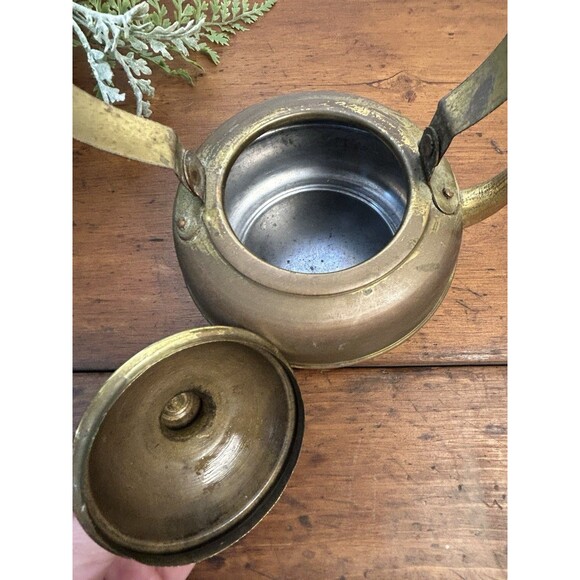 Small Vintage Brass Tea Kettle W/Wood Handle & Gooseneck Spout Patina READ - Picture 5 of 10